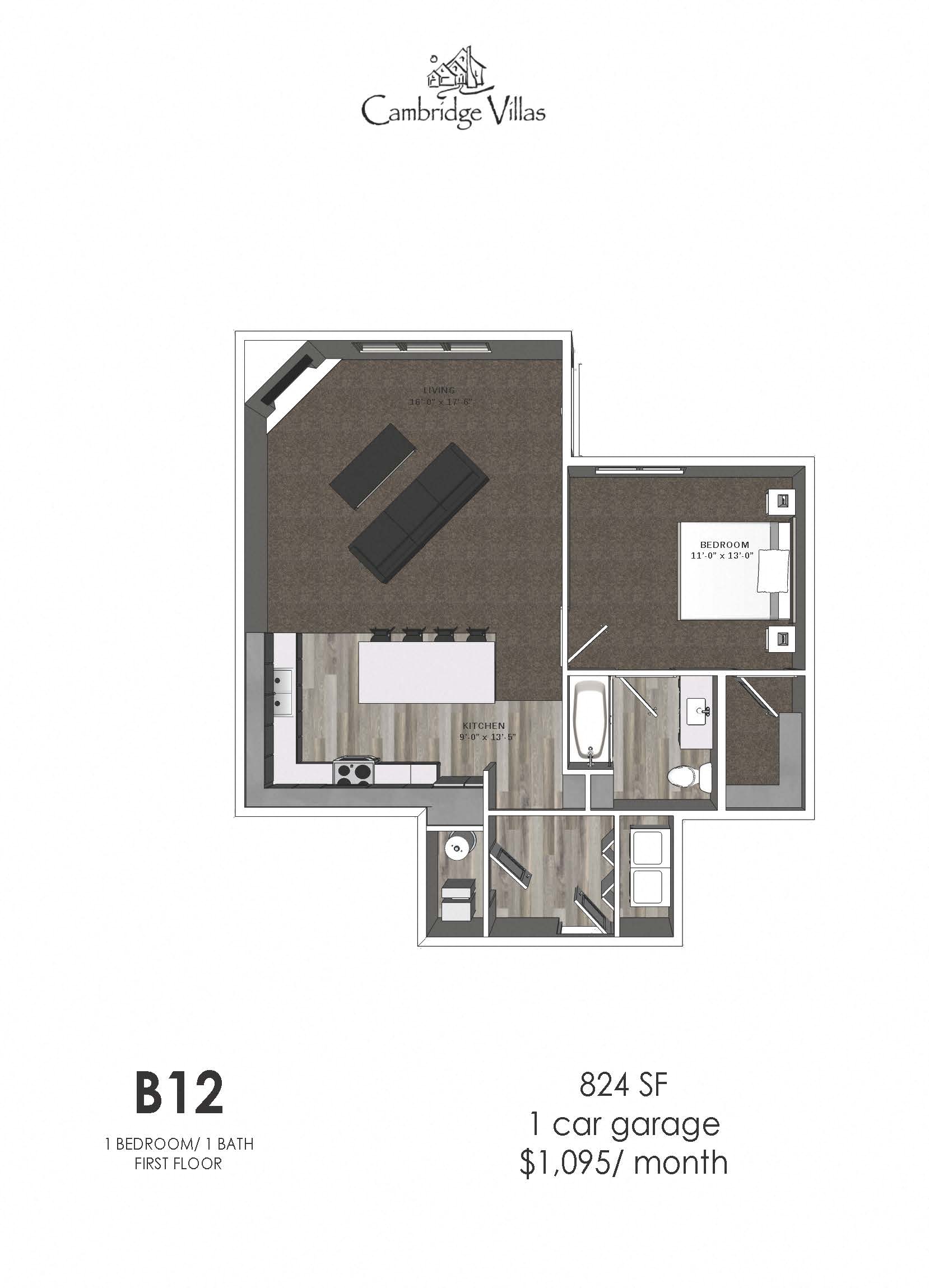 Floor plan for 1 bed, 1 bath, 824 sqft